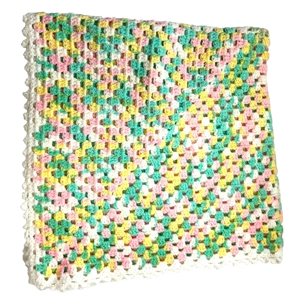 Handmade Crochet Baby Blanket Granny Square Pastel Pink Yellow Green 42x42 New